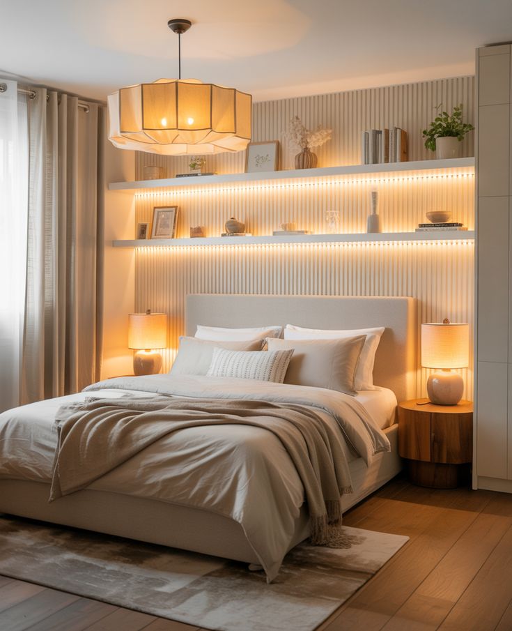 Cozy apartment bedroom corner styled with an accent chair, floor lamp, and decorative side table.