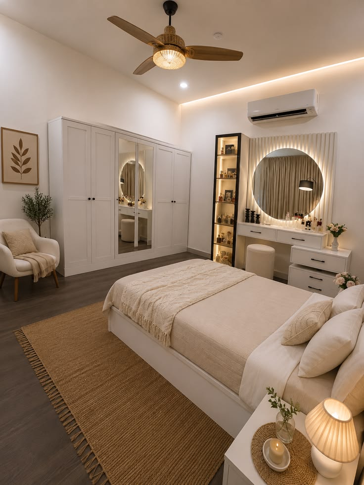 Elegant bedroom with modern furniture, soft neutral décor, layered bedding, and warm ambient lighting.