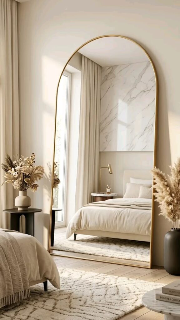 Full-length mirror reflecting natural light to make a small apartment bedroom appear brighter and more spacious.
