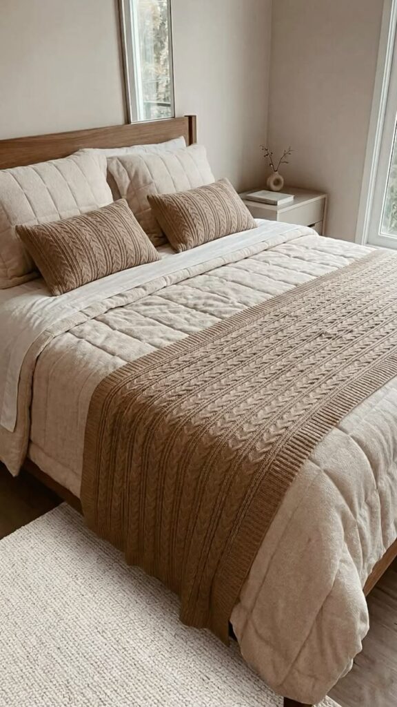 Elegant apartment bed styled with layered bedding, textured throws, and decorative pillows.