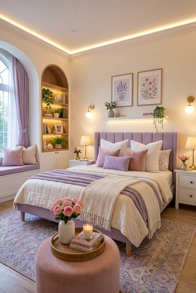 Modern statement  light adding elegance to a small apartment bedroom.