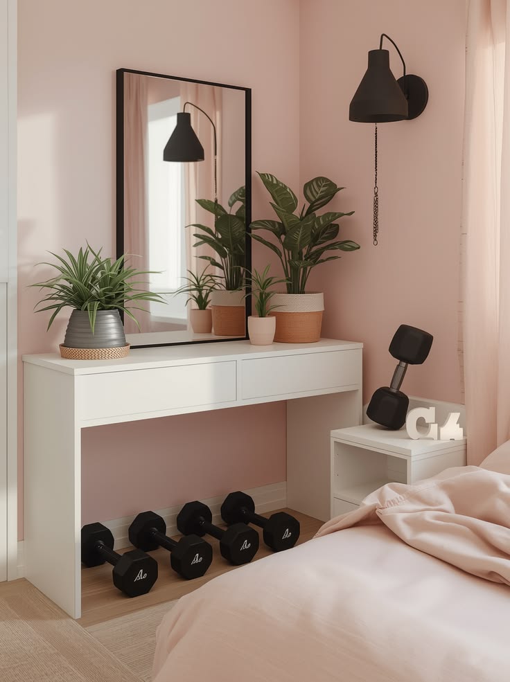 Elegant apartment bedroom corner with a chair, mirror, and small table for a relaxing morning routine