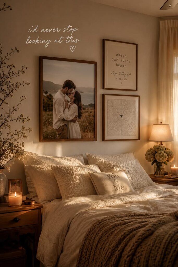 bedroom decorated with personal photographs, travel souvenirs, and meaningful décor.