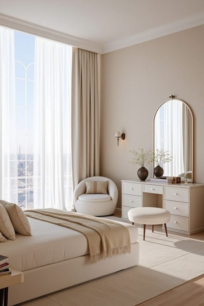 Apartment bedroom decorated with a cohesive accent color carried through bedding, artwork, and décor.