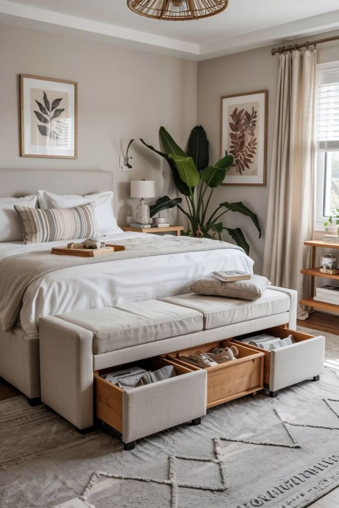 Upholstered storage bench placed at the foot of the bed in an elegant apartment bedroom.