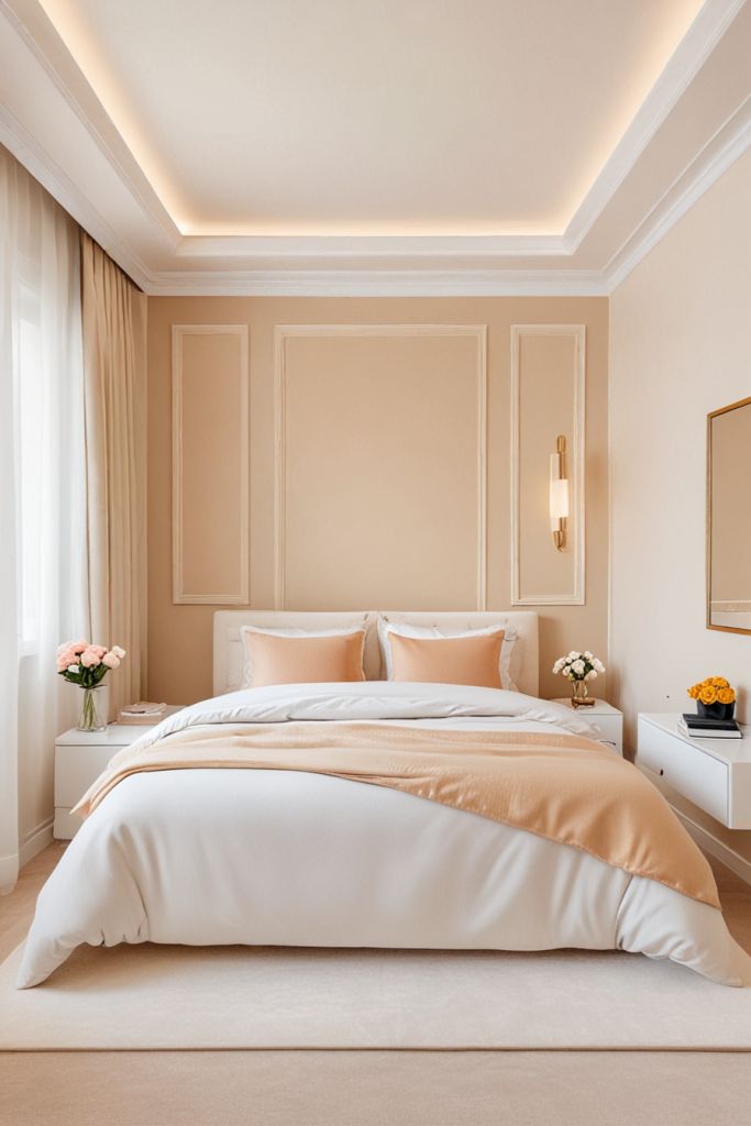 Apartment bedroom using vertical wall décor and tall furniture to emphasize ceiling height.