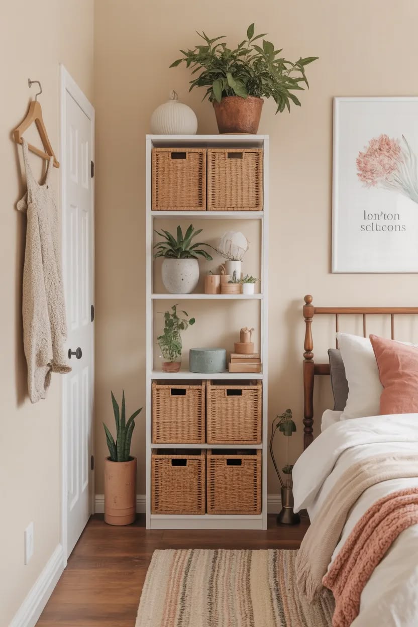 bedroom with floating shelves, tall artwork, and vertical storage maximizing wall space.