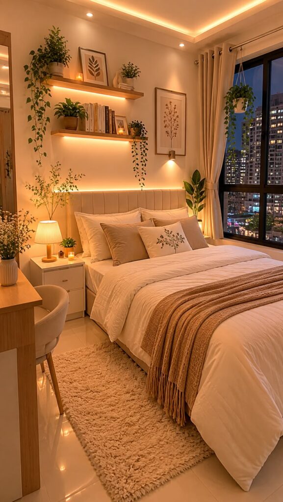 Elegant apartment bedroom combining smart storage, timeless décor, warm lighting, and luxurious comfort.