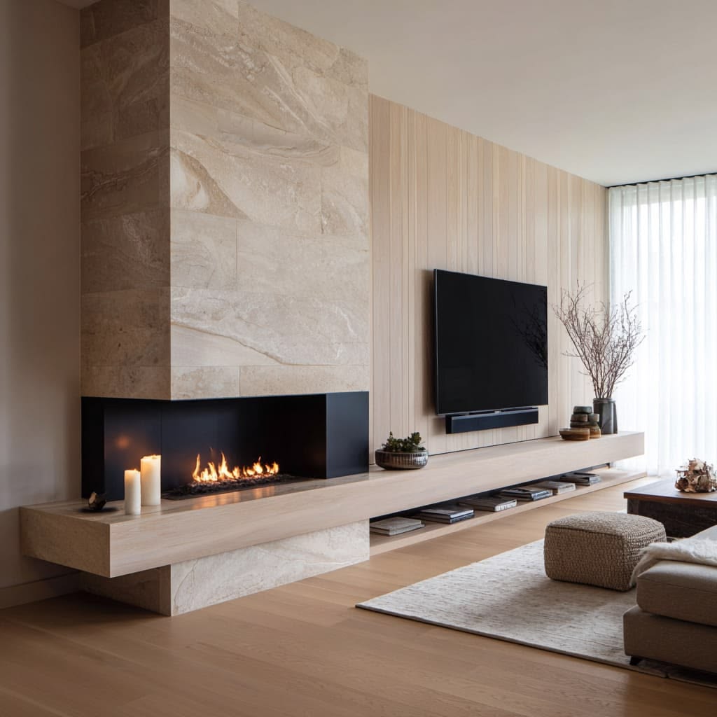 A fireplace in a small living room