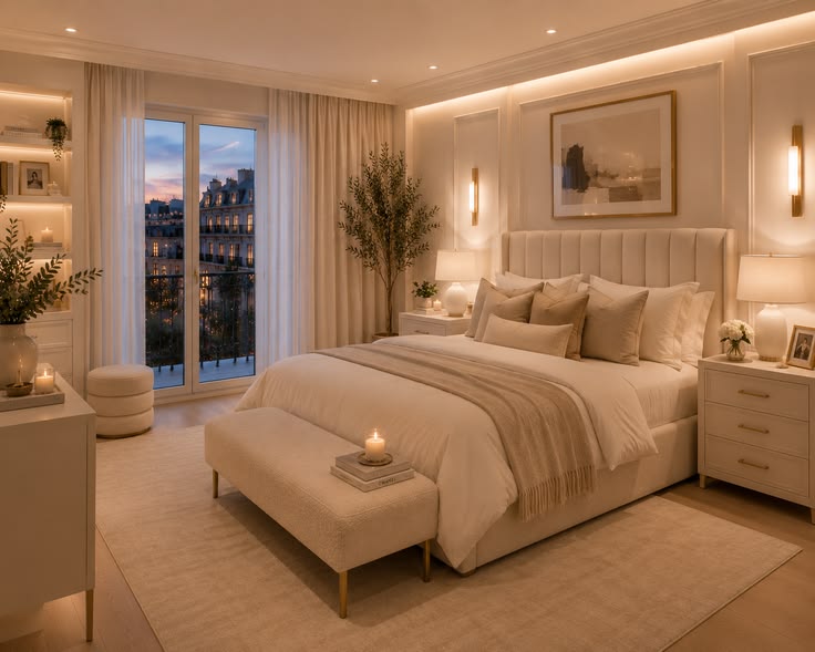 Small bedroom styled like a five-star hotel with luxurious bedding, elegant lighting, and sophisticated décor.