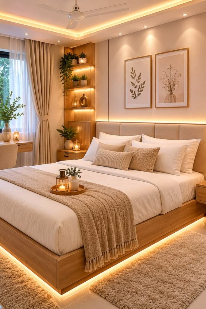 small bedroom illuminated with bedside lamps and warm ambient lighting for a hotel atmosphere.