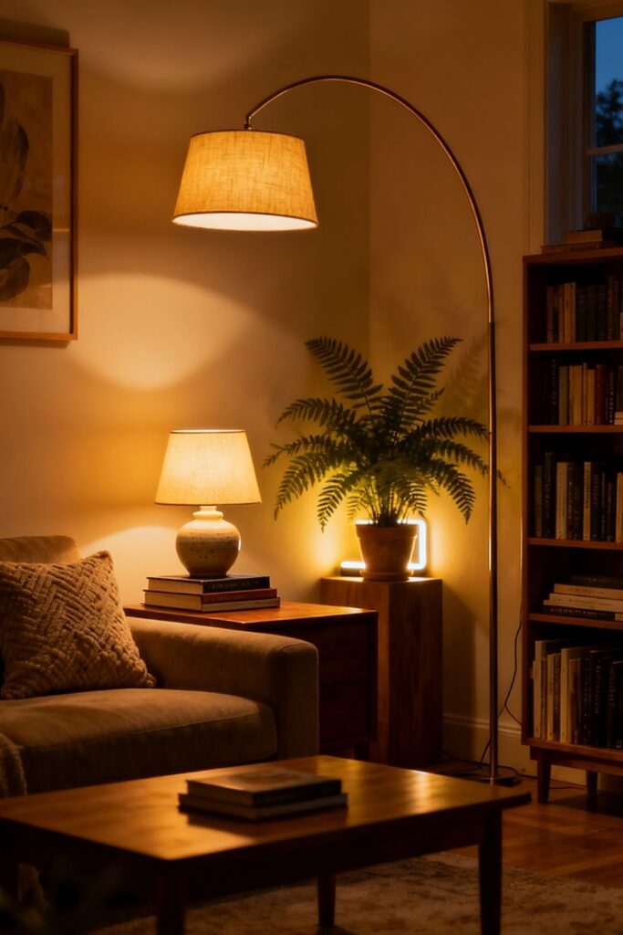 Luxury small living room featuring a modern floor lamp near a corner with warm ambient lighting