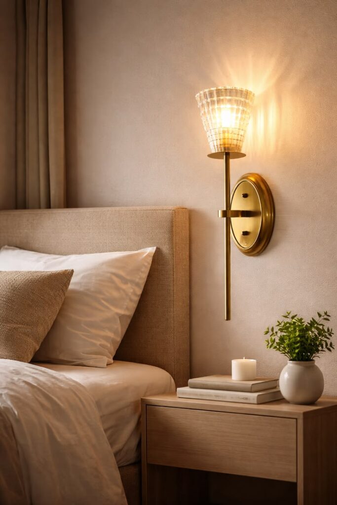 Modern bedside table lamps providing warm layered lighting in a luxury small bedroom.