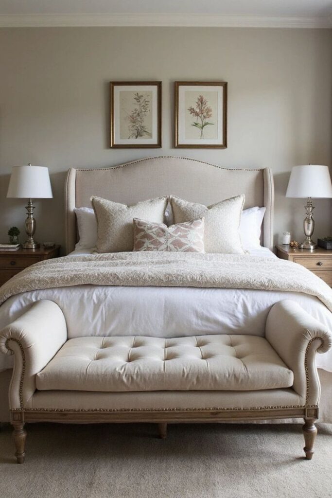 beautiful bench at the foot of the bed adding extra elegance