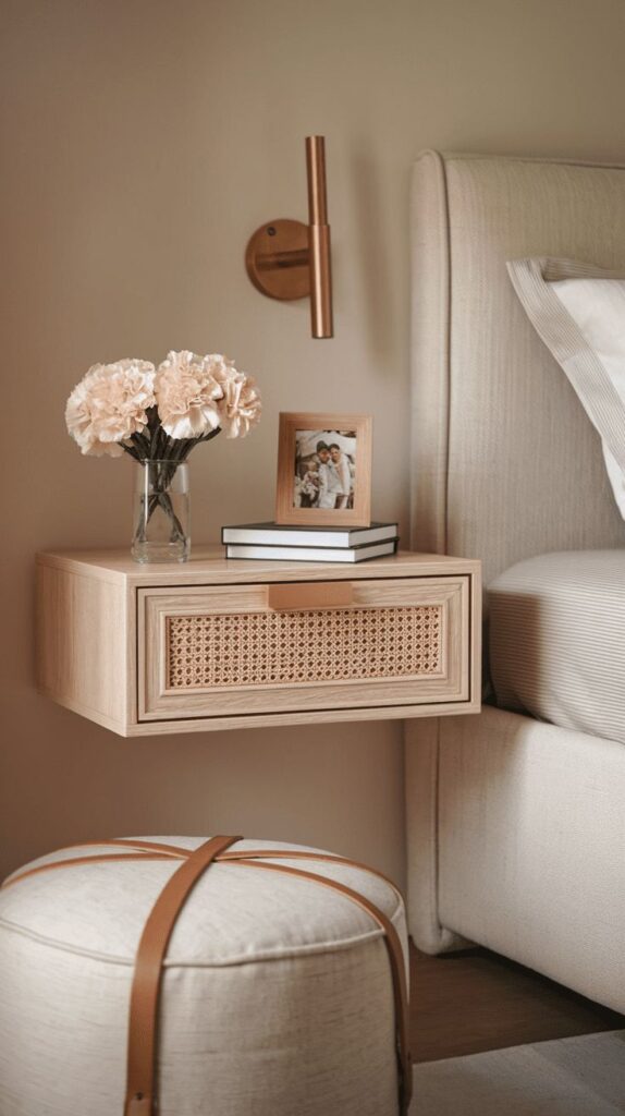 luxury small bedroom with floating bedside tables making a compact bedroom feel more spacious. 