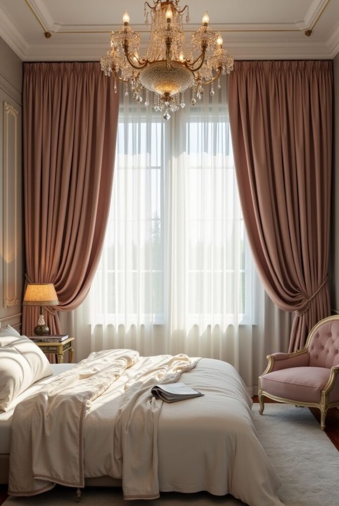 floor to ceiling linen curtains making small bedroom feel taller and more elegant