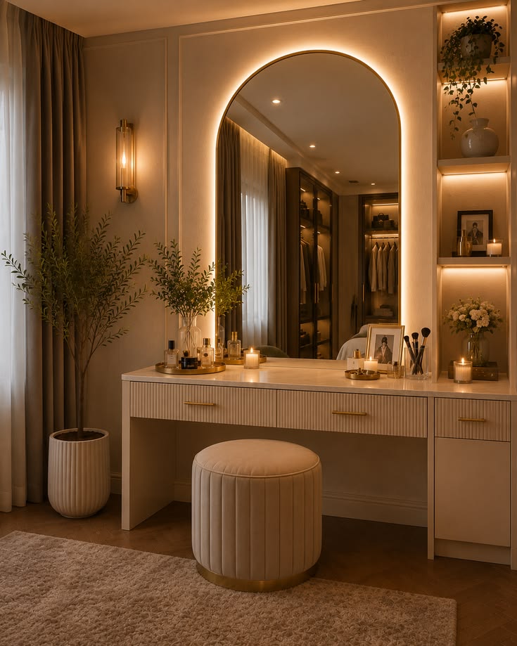 Elegant mirror reflecting natural light in a modern luxury bedroom.