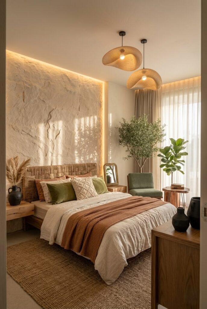 Bright luxury bedroom filled with natural daylight.