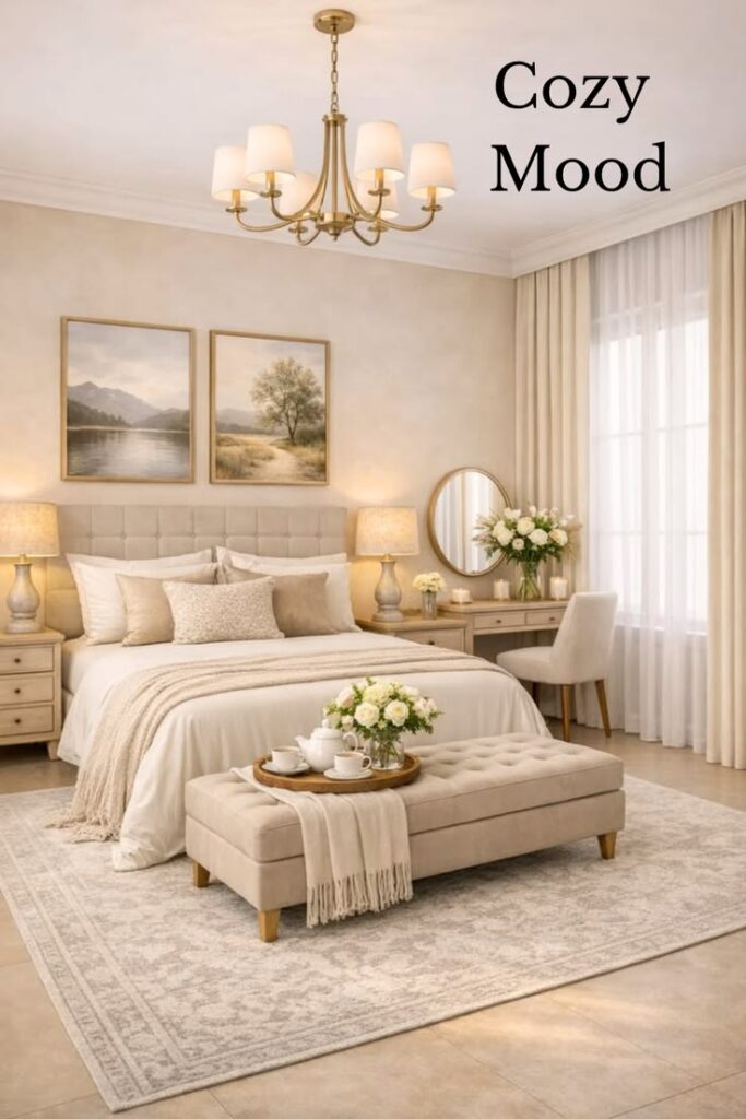 small luxury bedroom decorated with warm neutral colors