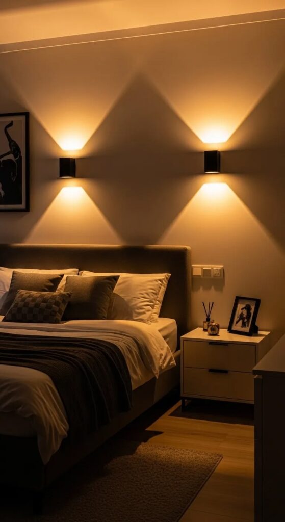 luxury small bedroom with a simple night stand