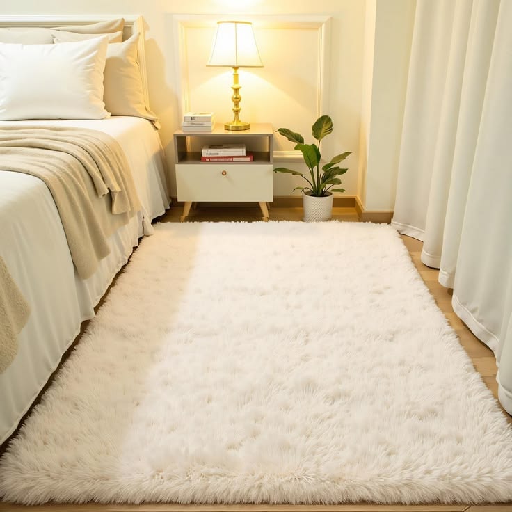 an elegant plush rug at the foot of the bed.