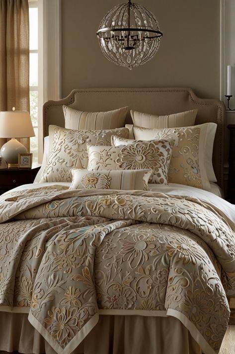 bedroom featuring layered cream bedding and decorative pillows
