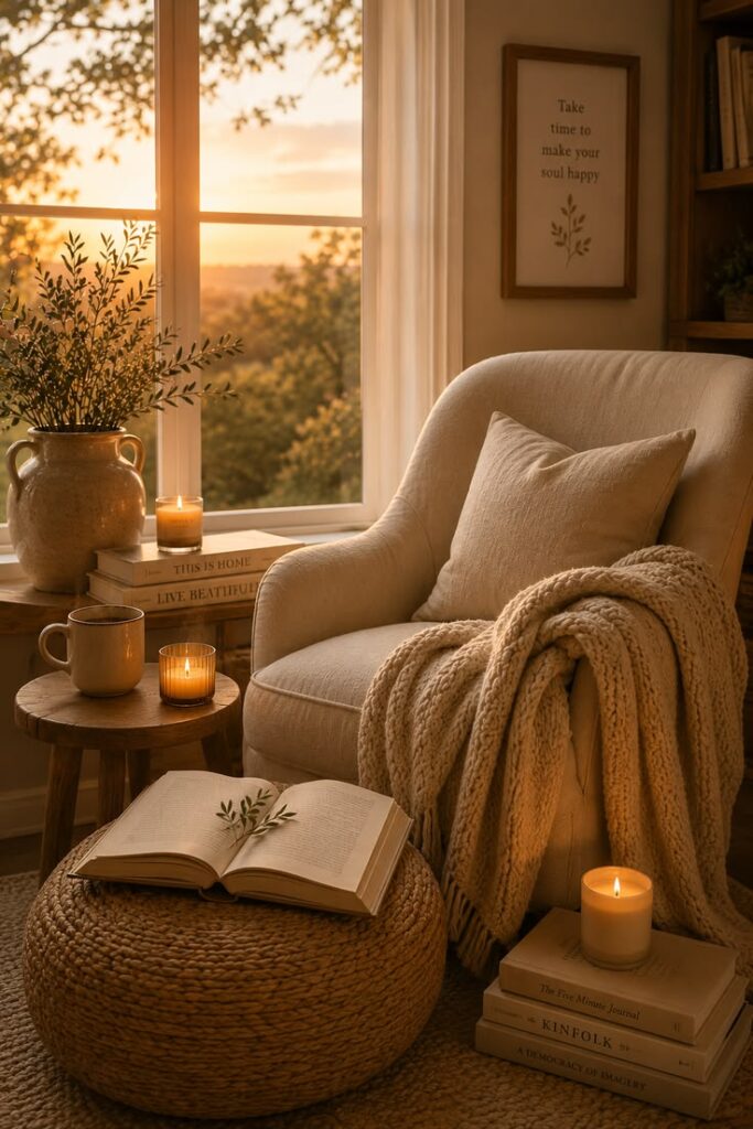 Comfortable reading nook in a luxury bedroom with an accent chair and floor lamp.