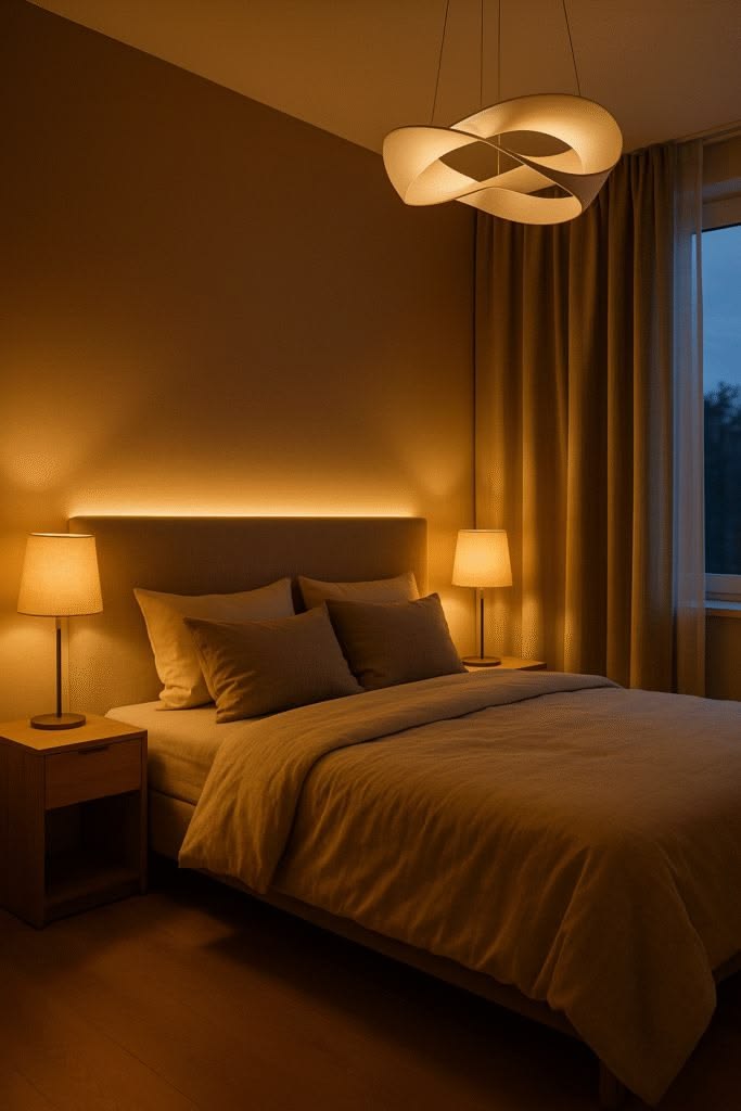 soft ambient light adding elegance to  a luxury small bedroom