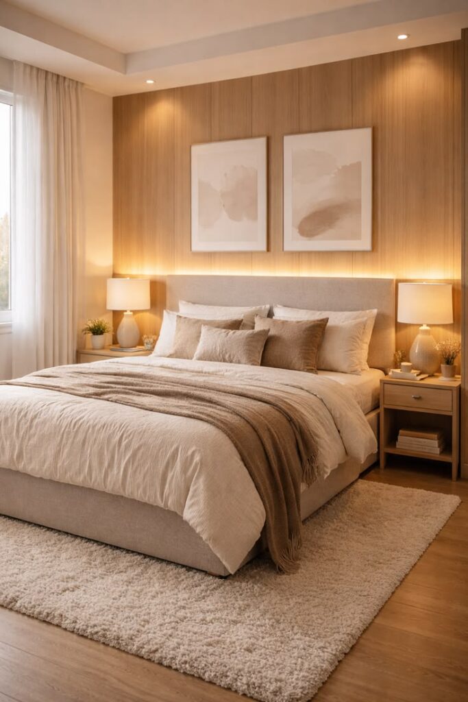 luxury small bedroom with symmetrical styling