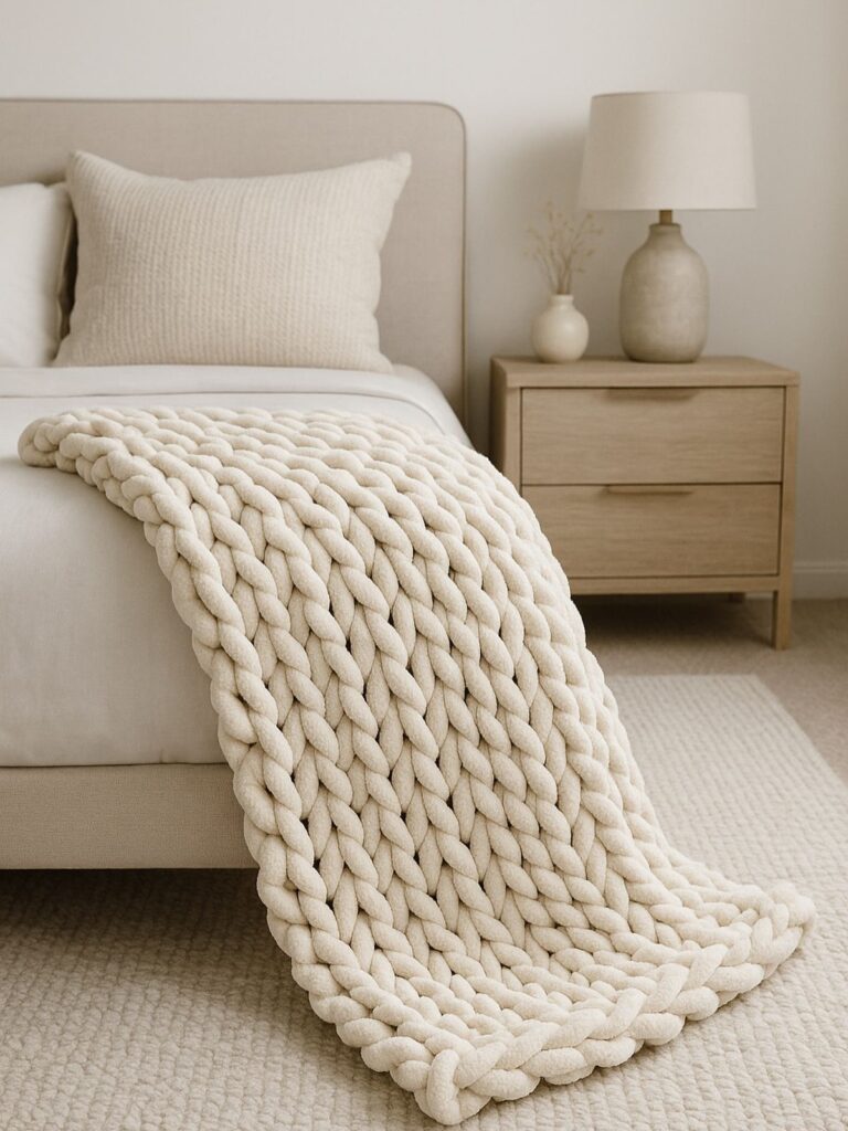 a soft throw blanket on a cream bed