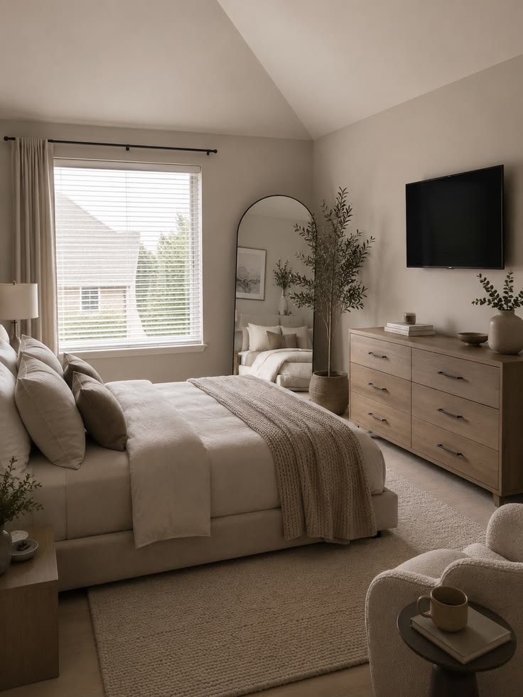 luxury small bedroom with warm white paint