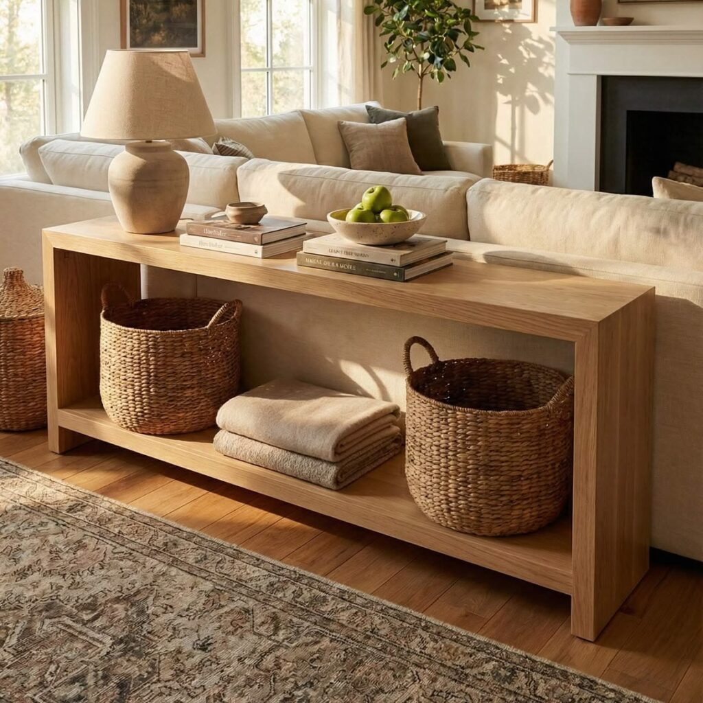 elegant console table behind the sofa