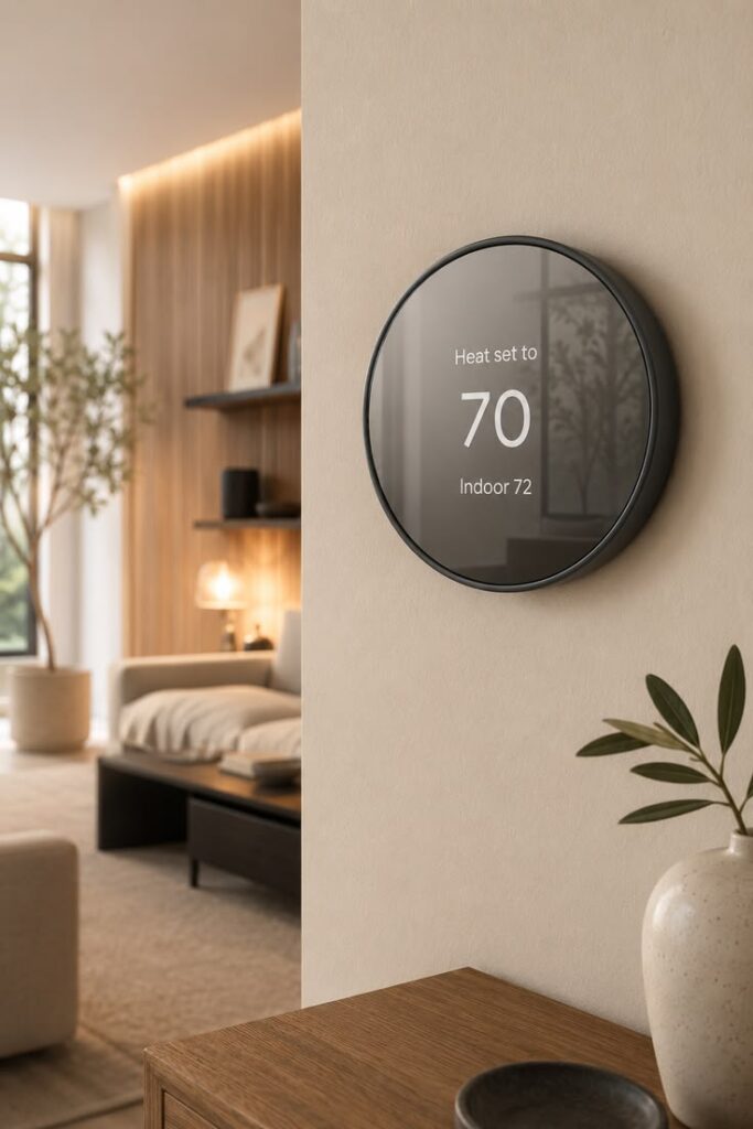 luxury apartment living room with discreet tech gadgets