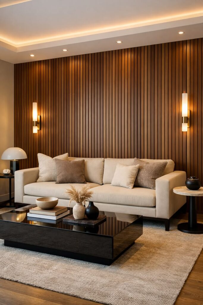 modern luxury living room featuring flute wood 