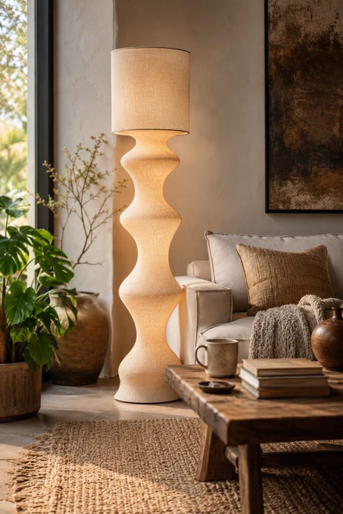 modern luxury living room with sculptural floor lamp
