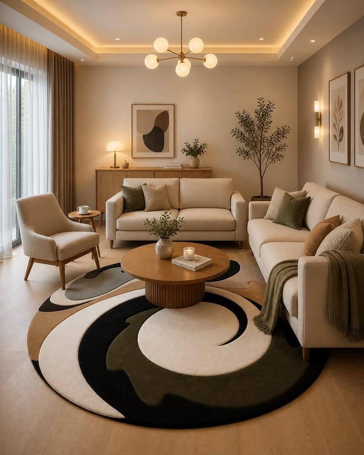Symmetrical furniture placement brings balance and harmony to square living rooms without wasting valuable floor space.