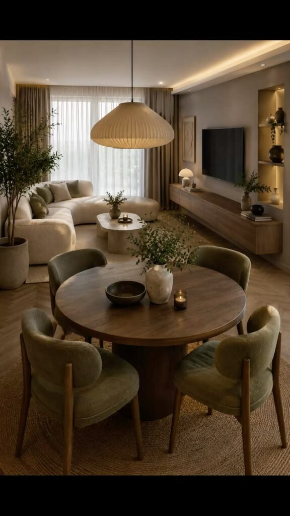 Open-concept apartment with a living room layout that clearly defines separate functional zones
