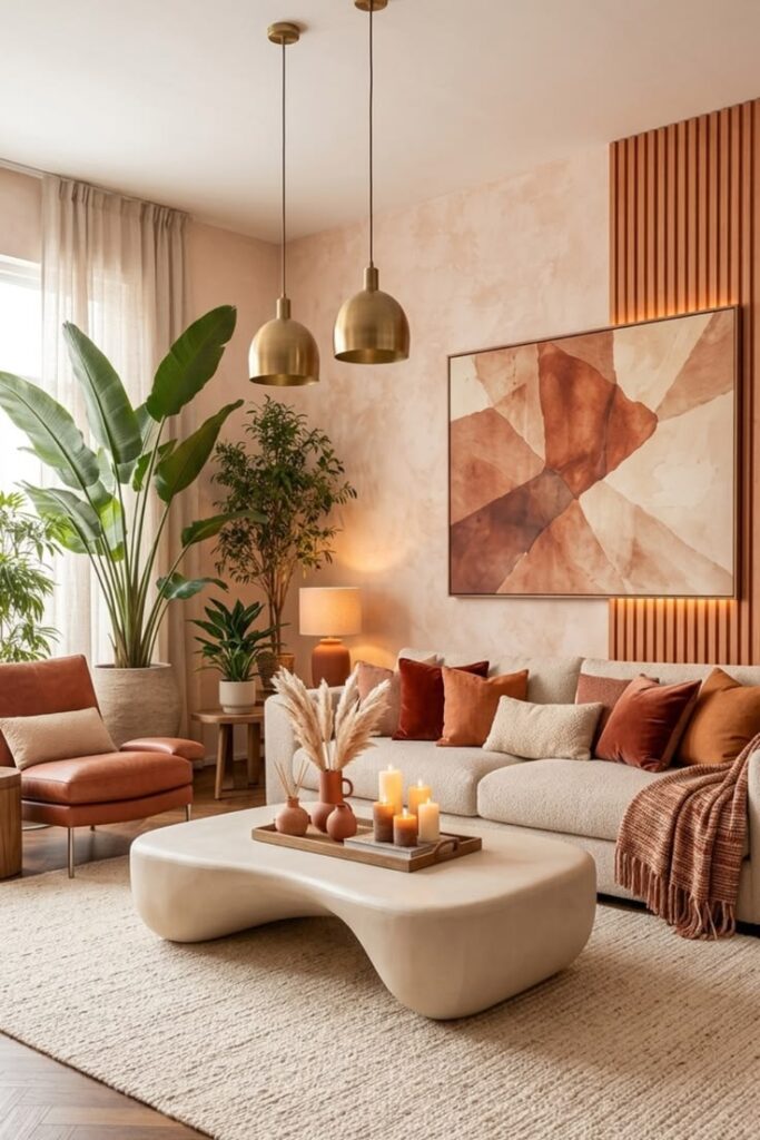 Small living room arranged to maximize natural light from large windows