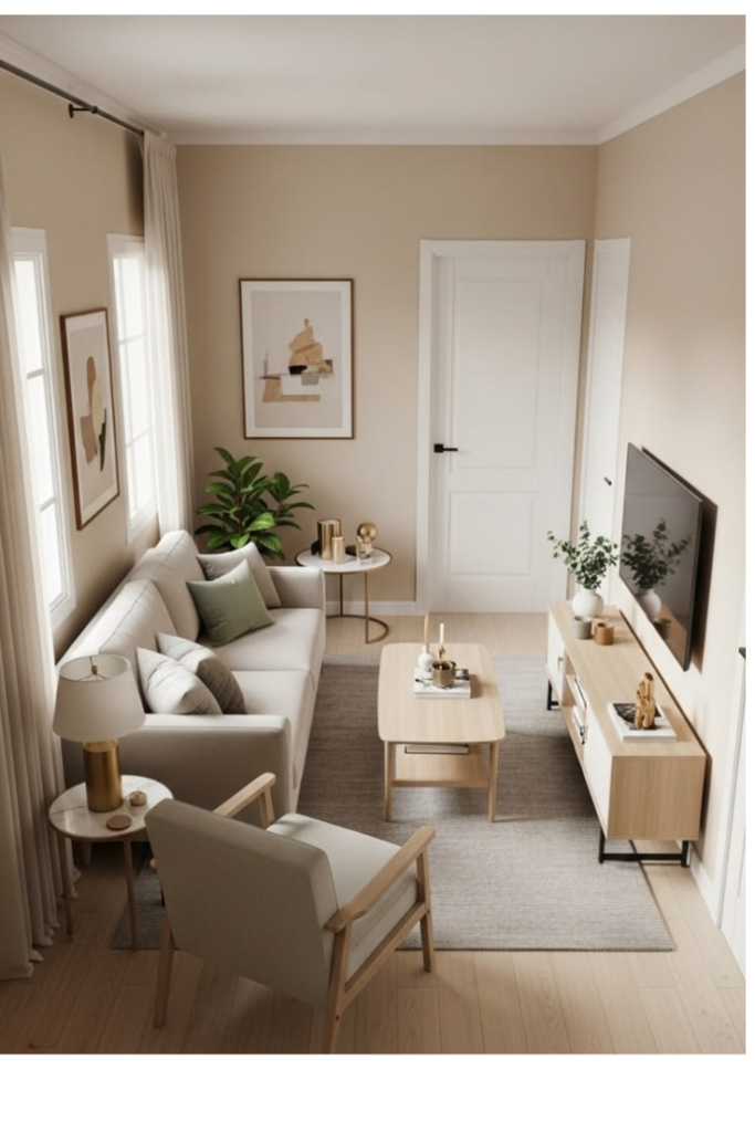 Before and after small living room layout showing improved furniture placement and better traffic flow