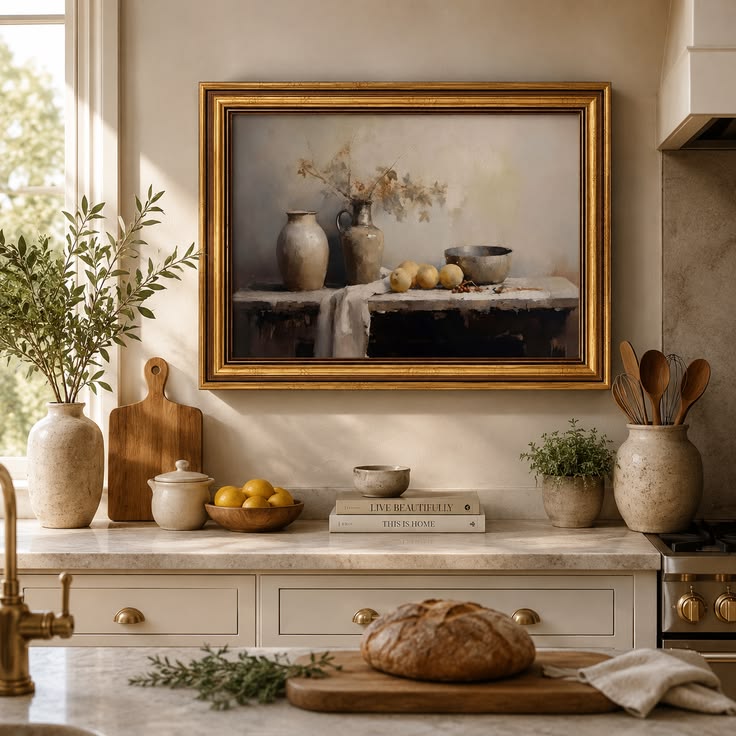 Luxury small kitchen featuring a custom plaster range hood above the cooktop.