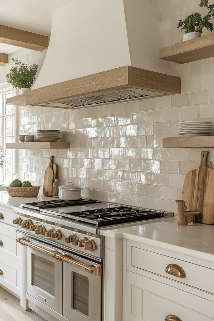 Luxury small kitchen with a full-height marble backsplash extending to the ceiling.