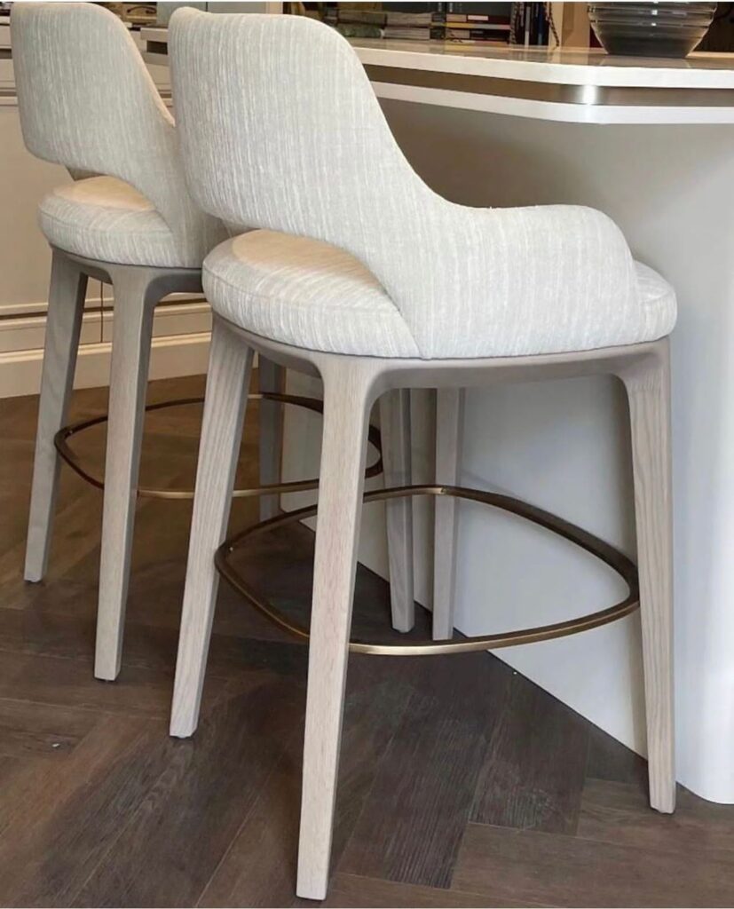 Modern kitchen island with upholstered bar stools .