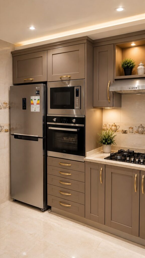 Small kitchen with integrated appliances and seamless custom cabinetry.