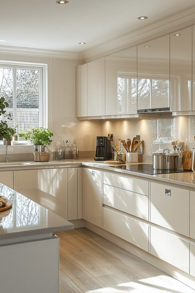 kitchen with warm white cabinet color