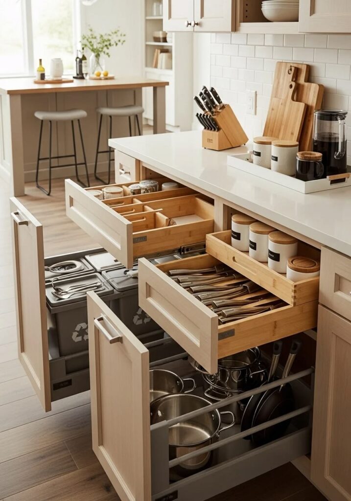 Luxury kitchen drawer with custom organizers and soft-close storage compartments.