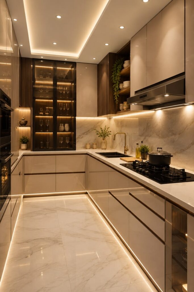 Luxury small  kitchen with illuminated glass cabinets displaying elegant dinnerware.