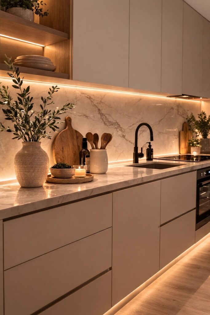 Luxury kitchen illuminated with warm LED under-cabinet lighting and quartz countertops.