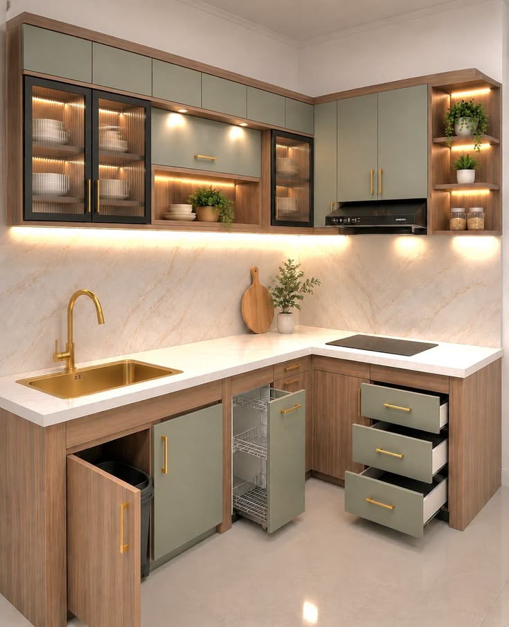 Small kitchen with concealed appliances and clutter-free countertops.