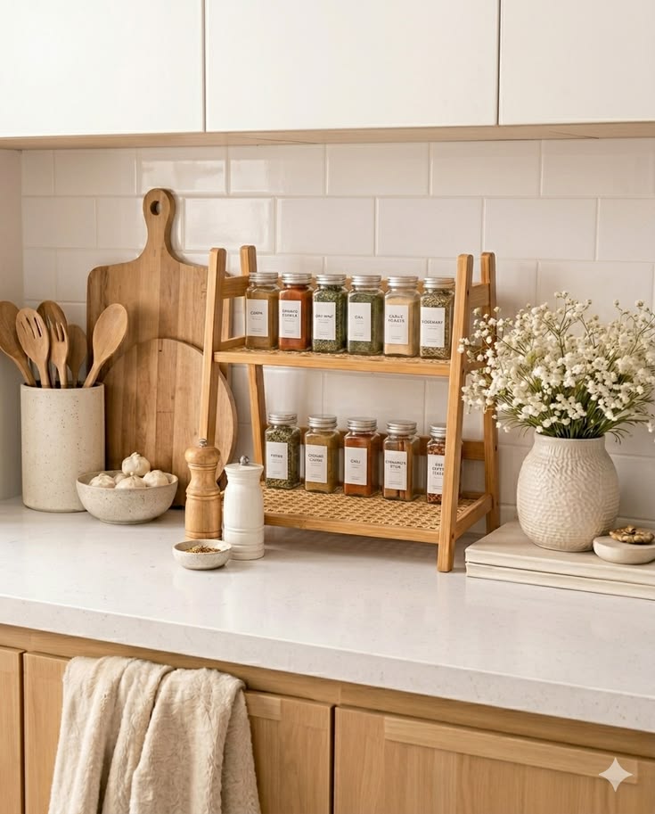 Small kitchen countertop styled with a decorative wood, ceramic canisters, and fresh flowers.