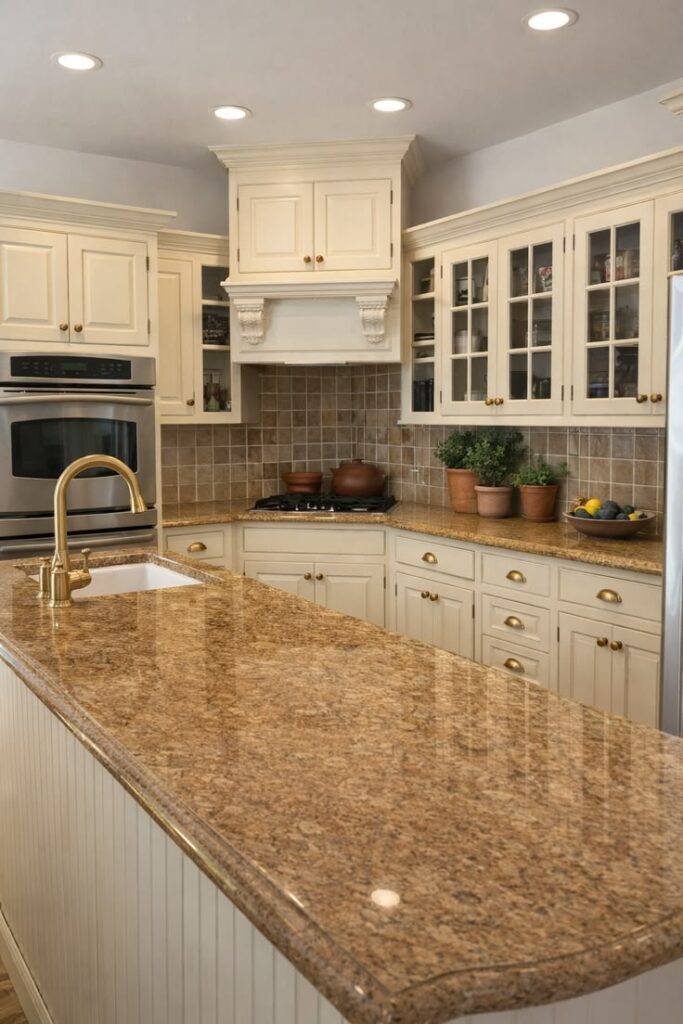 Small kitchen featuring white quartz countertops with subtle sand veining.